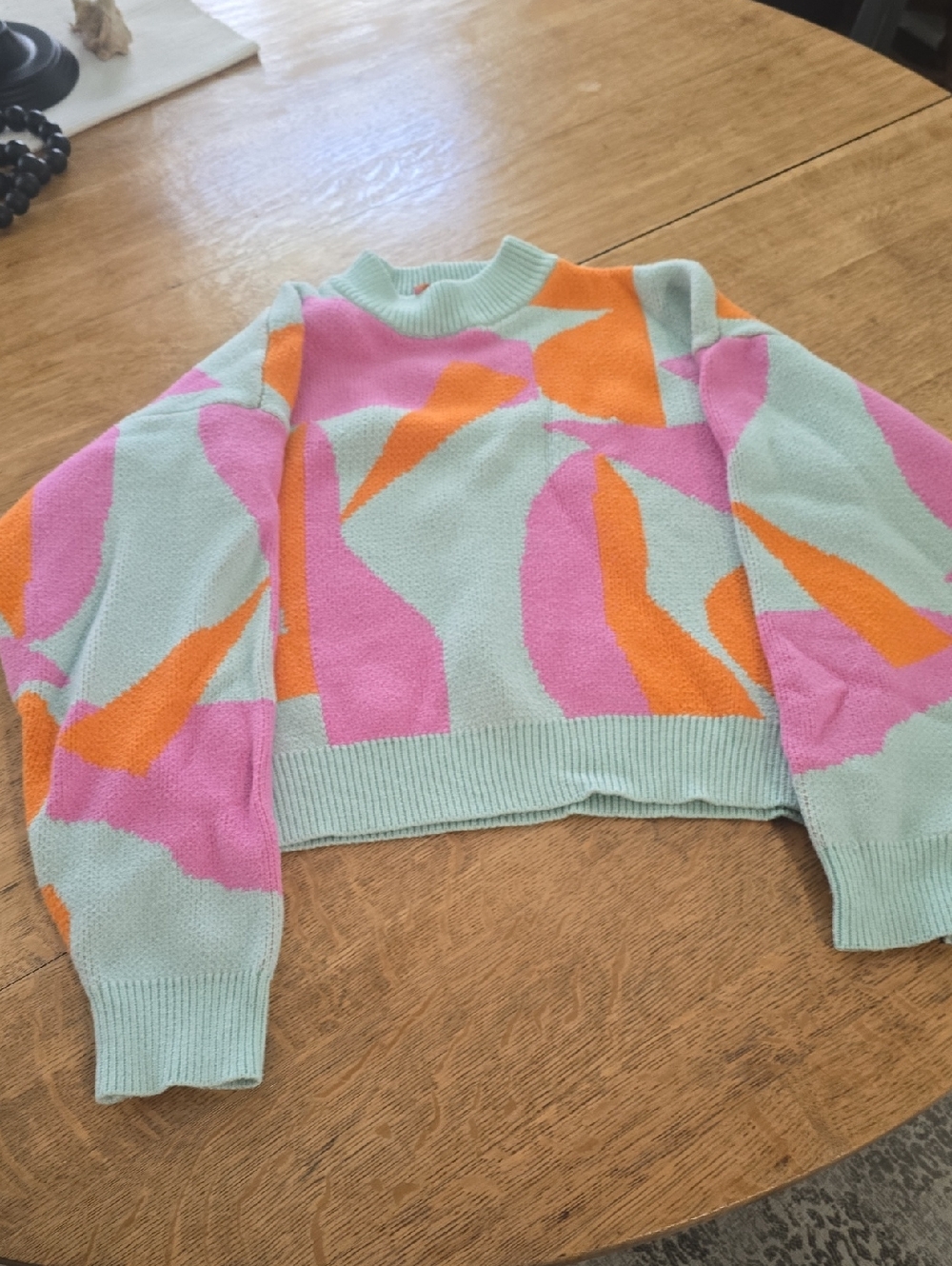 THML Mint Colorblock Cropped Sweater with Pink & Orange Shapes